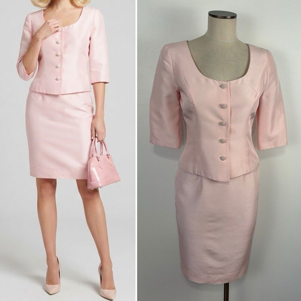 VTG Y2K Chetta B Womens Dupioni Silk Suit Set Pink Pearl Buttons Feminine Barbie